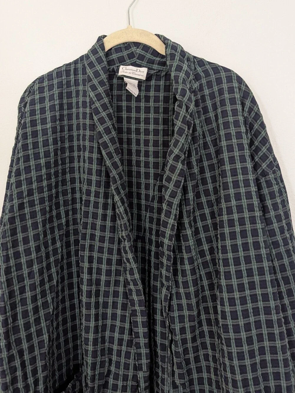 Vintage Christian Dior Robe De Chambre Plaid Robe Cotton Green Blue One Size